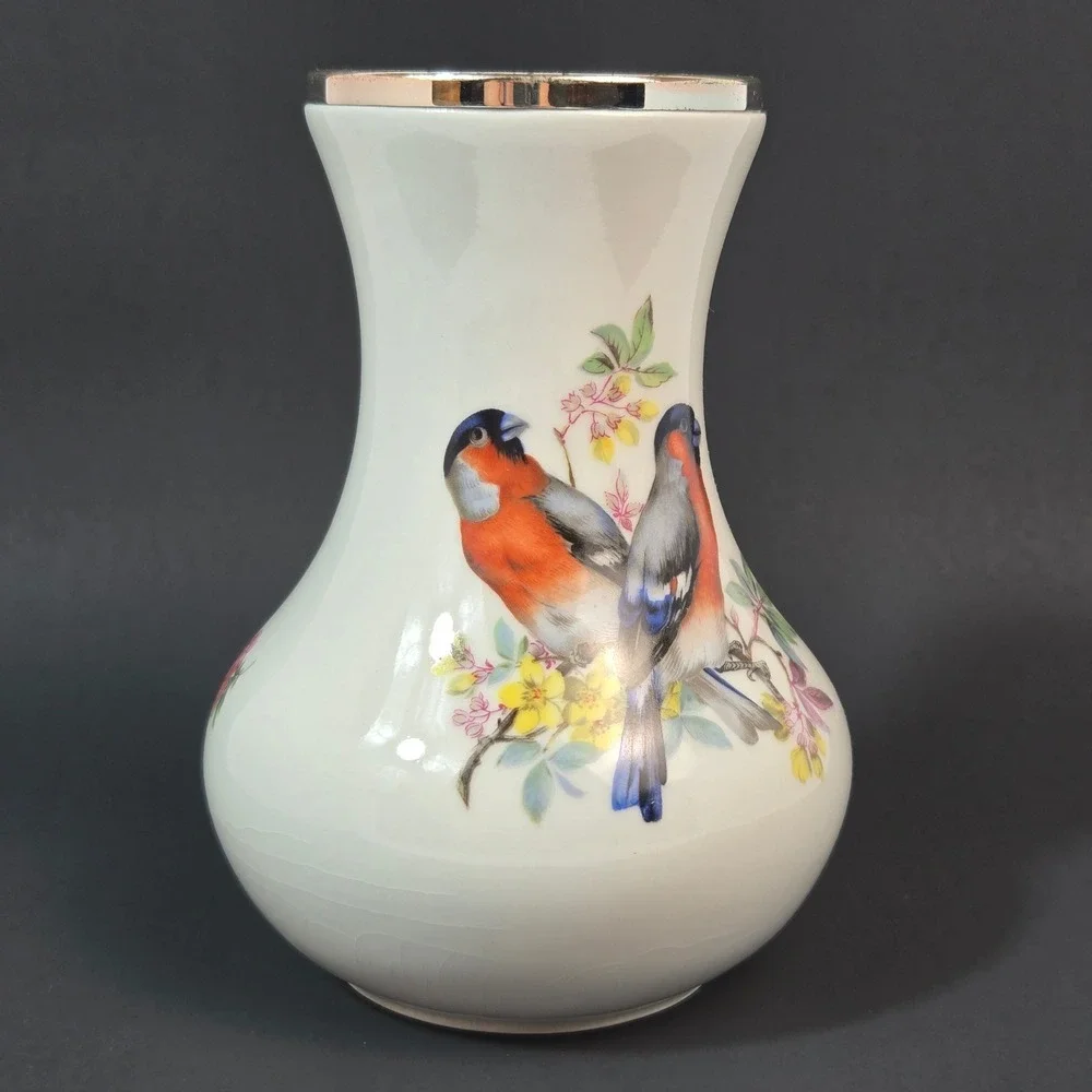 WMF Porzellan Germany Bird Vase Bullfinch Floral White Porcelain Silver Rim 6
